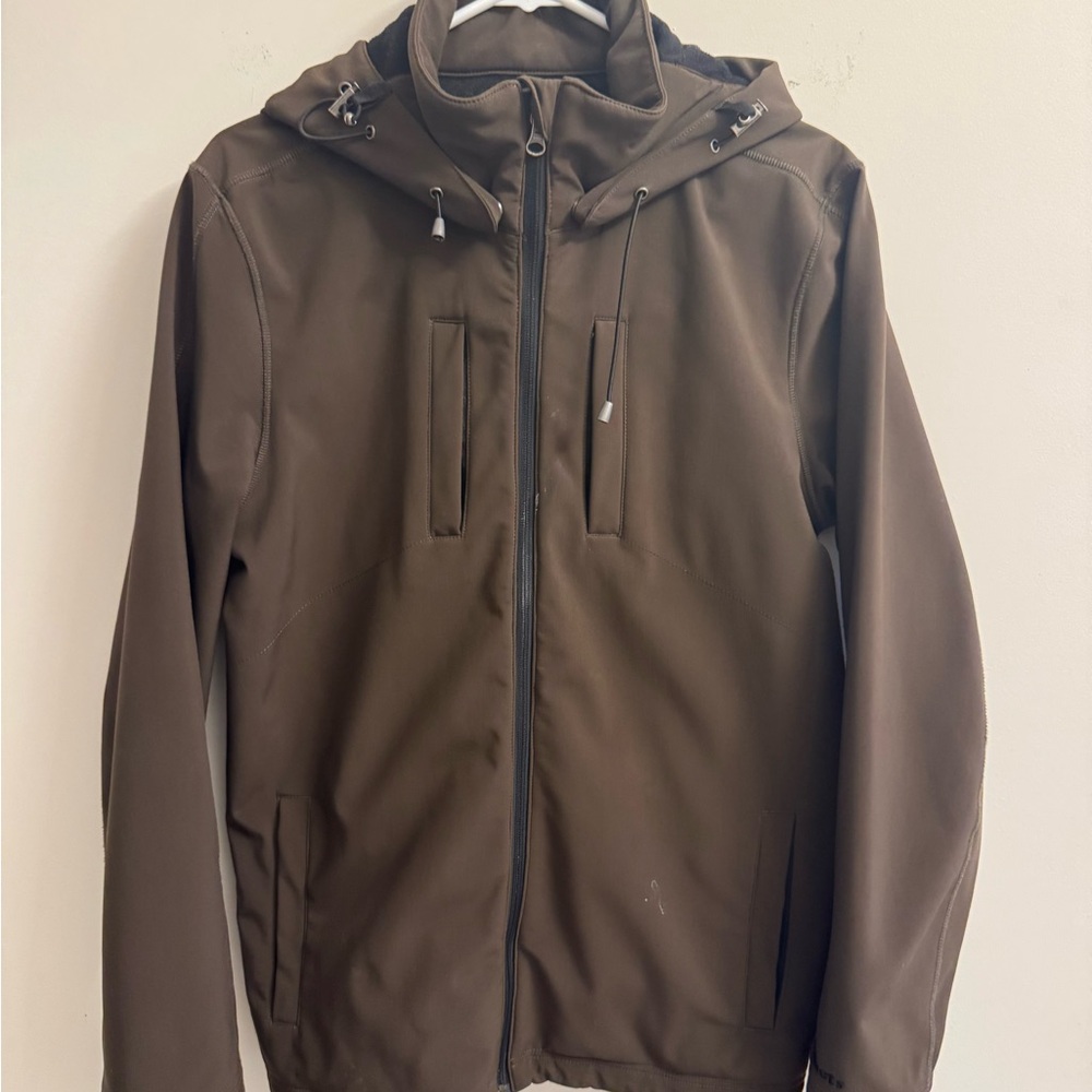 Roots Men's Small Brown Hooded Softshell Jacket. Removable hood.